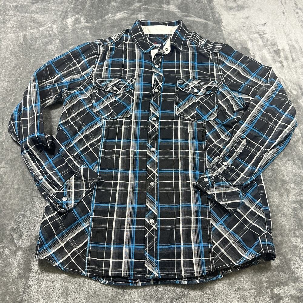 Redsnap Clothing Shirt Mens Large Black/Blue‎ Pearl Snap Western Cowboy